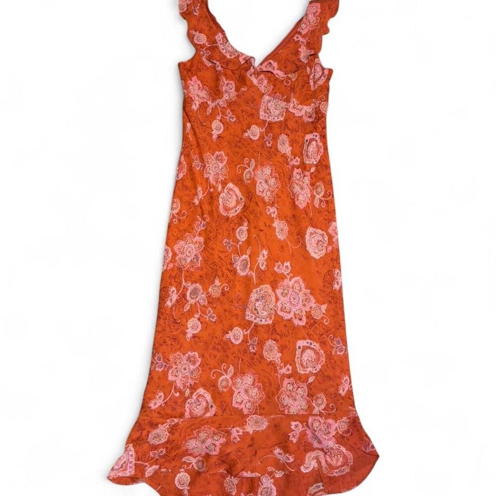 Scarlett Orange Floral Maxi Dress Womens 14 Ruffle Trim Sleeveless Summer